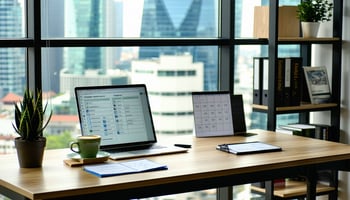 An open laptop on a desk against a window revealing a city skyline.
